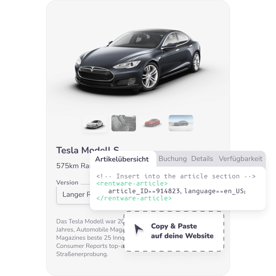 A card showing a rentware integration code snippet in front of a car detail view example on a website