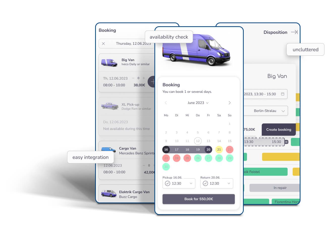 rental and booking software shown on three standing mobile devices