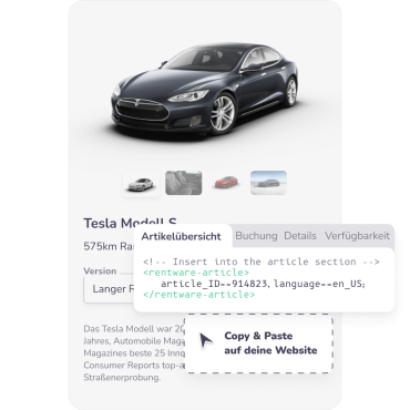 A card showing a rentware integration code snippet in front of a car detail view example on a website