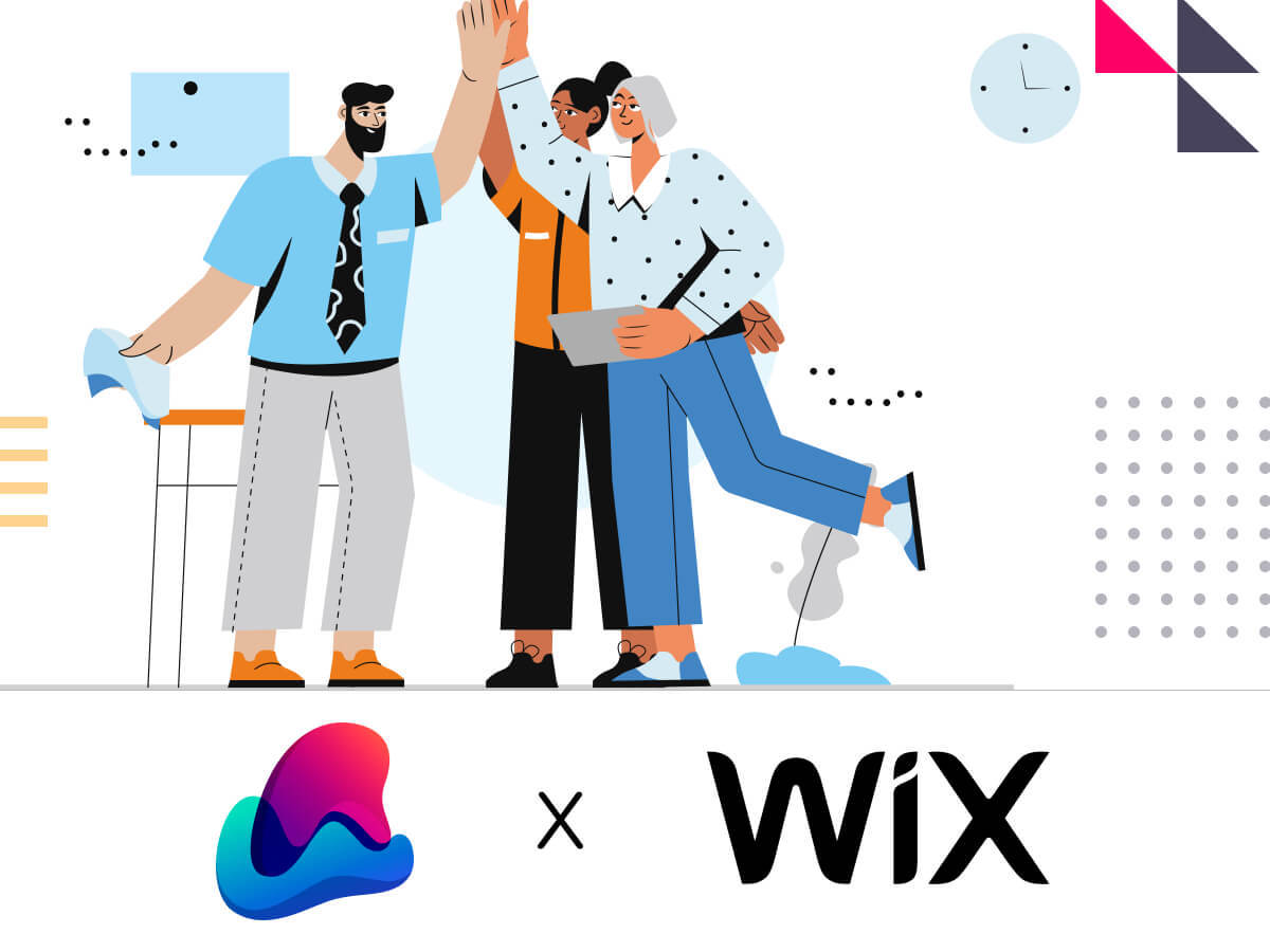 Image divided into two parts. The top part is a illustration of 3 office worker celebrating and high five each other. The bottom part shows the rentware logo and the wix logo demonstrating their partnership.